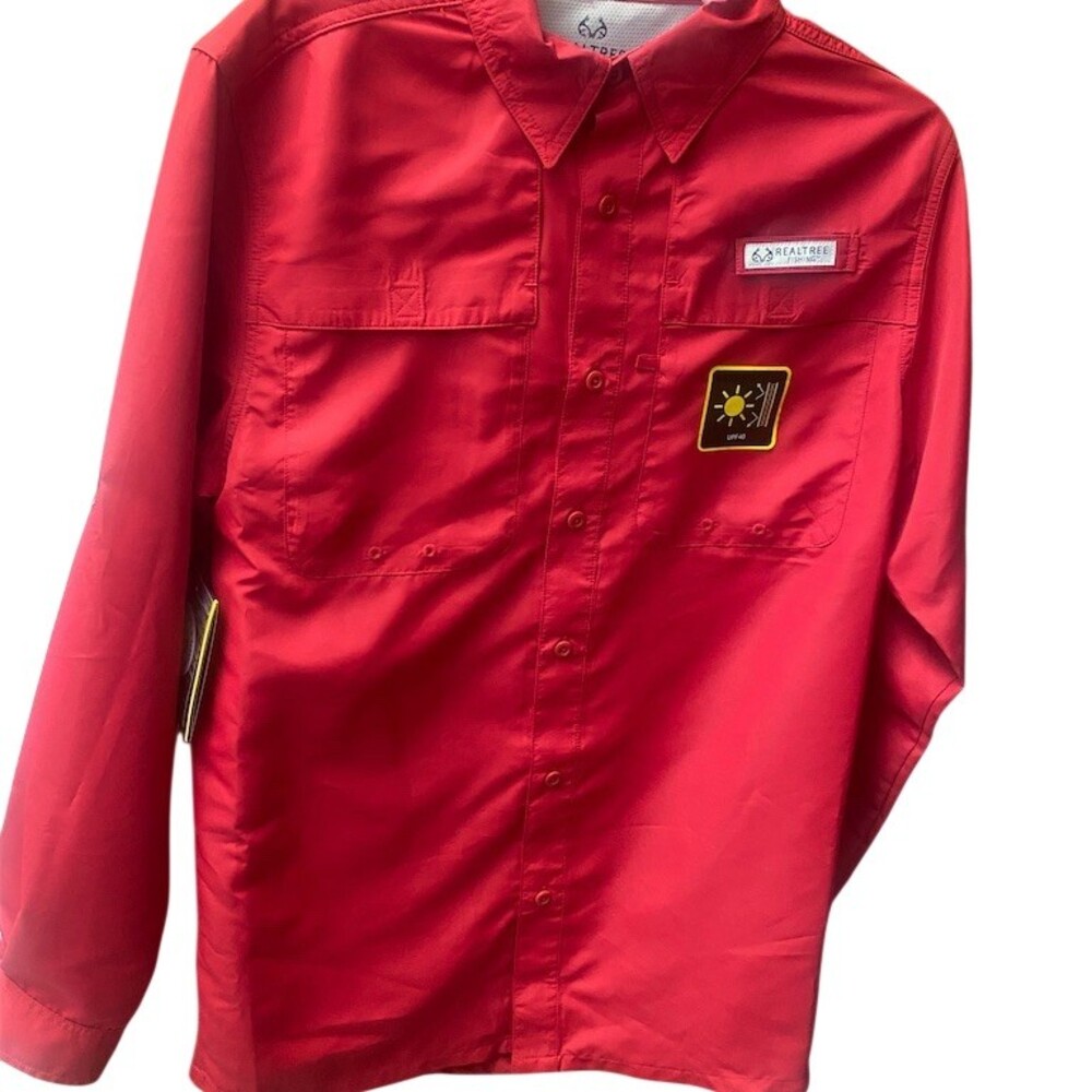 Realtree Fishing Guide Shirt Mens Size L Red Long Sleeve Button Up UPF 40